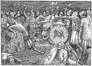 Olav  seinere kalt den hellige  får et dødelig spydstikk under slaget på Stiklestad i 1030. Først fikk han et øksehogg over kneet, deretter et spyd opp i magen, og til slutt et hogg i halsen. Spydet holdt Tore Hund, skal vi tro Snorre Sturlason. Illustrasjon av Halfdan Egedius, hentet fra den illustrerte utgaven av Snorre Sturlasons kongesagaer, J. M. Stenersens forlag.